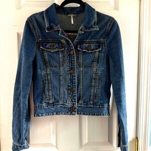 Free People Cropped Denim Jacket Paisley Lined Womens Small Blue
